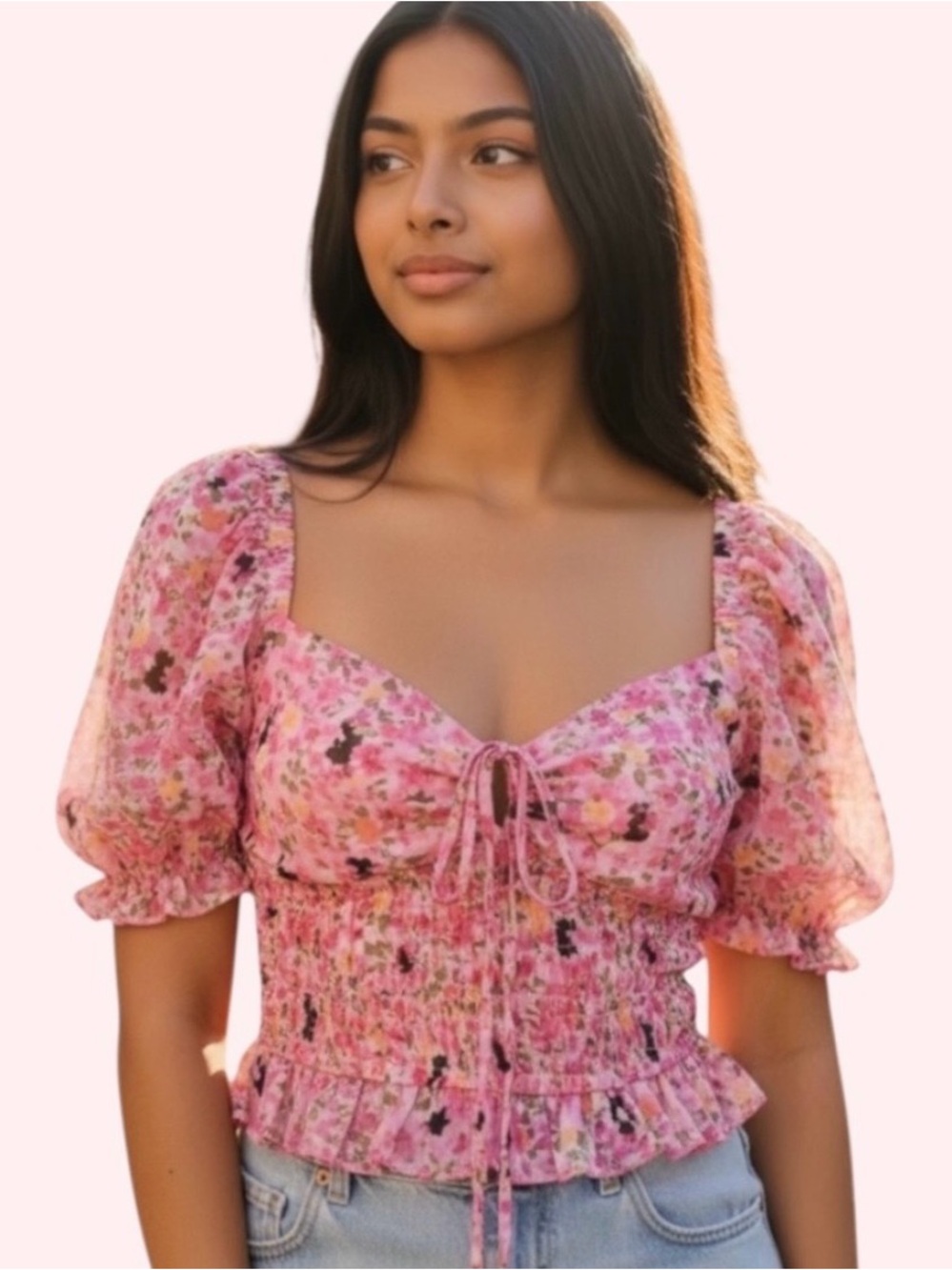 ASTR The Label Top Pink Magenta Floral Crop Blouse
